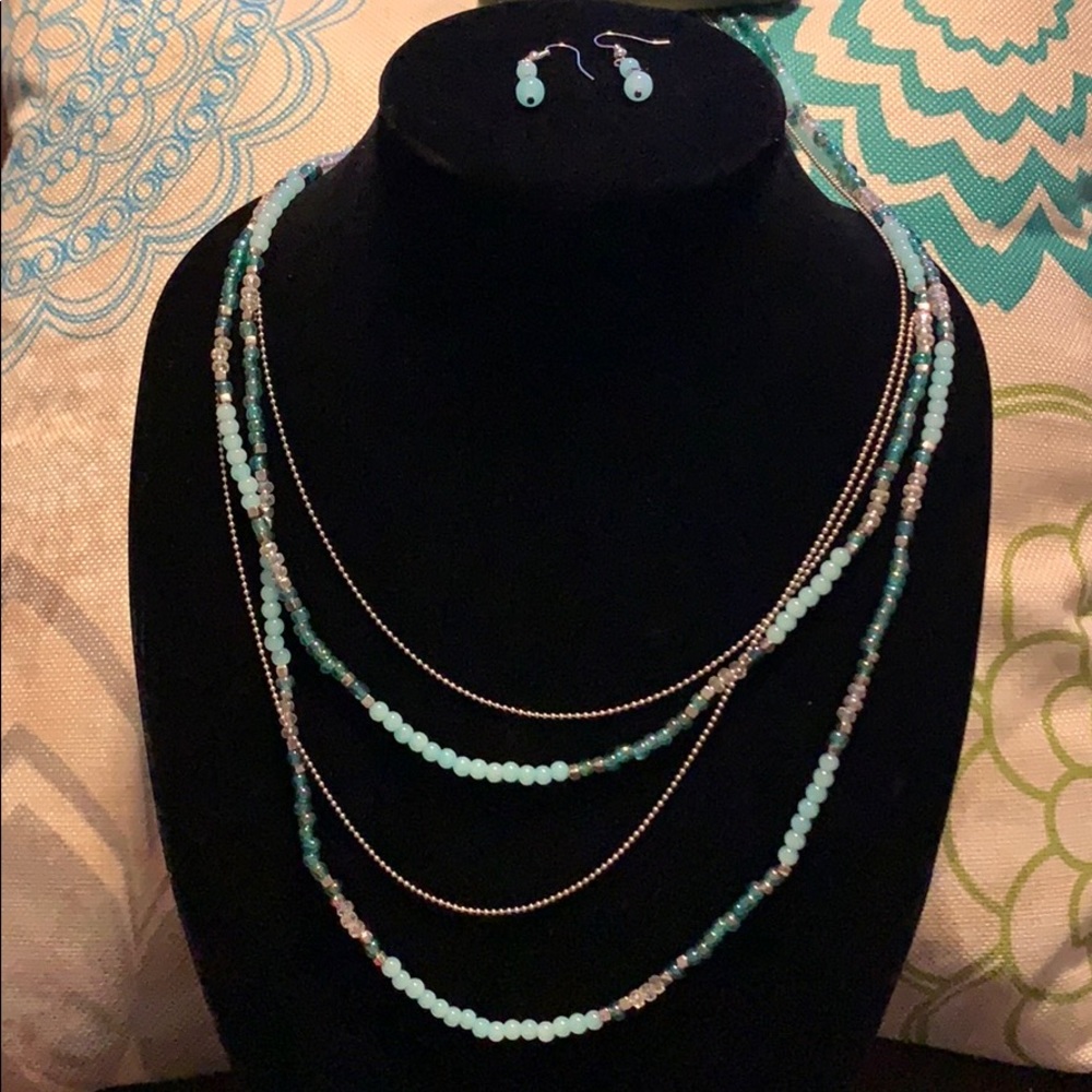 Teal Multi Strand Necklace Earring Set